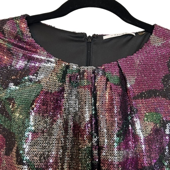 T Tahari Helena Black/Multi Color Floral Sequin Sleeveless Pleated Collar Dress - Picture 6 of 16